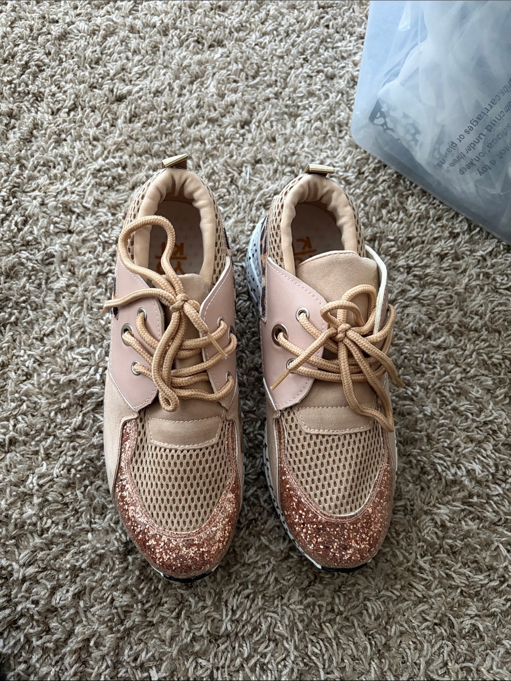 Kids Pink Tan Glitter Mesh Sneakers